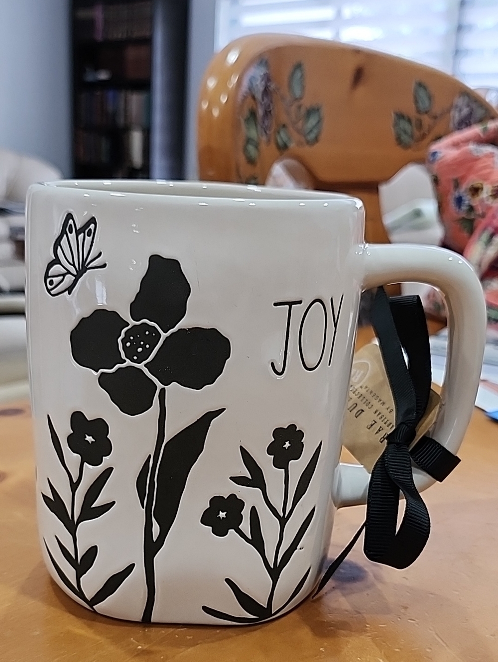 Rae Dunn White Mug with Black Floral 'JOY' Design